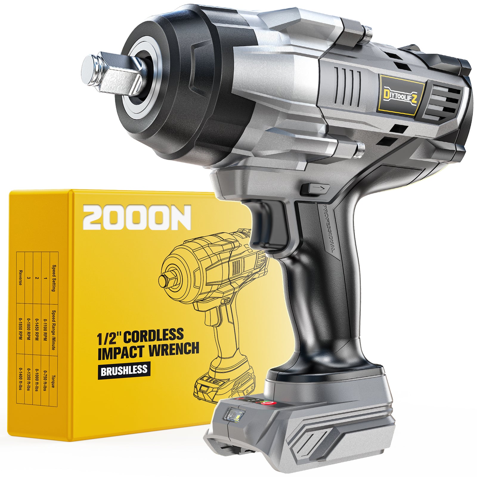 DIYTOOLIFZ Cordless Impact Wrench 1/2 inch for DeWalt 20v Battery, 1400Ft-lbs (2000N.m) Brushless Electric Impact Gun