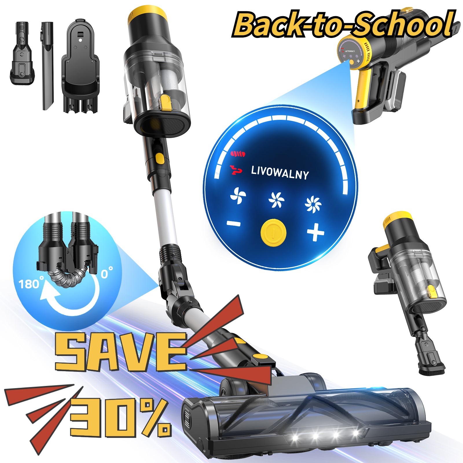 LIVOWALNY 350W Cordless Vacuum Cleaner for DeWALT 20v Battery, 40KPA Self-Standing Stick Vacuum with Double Dust Cup