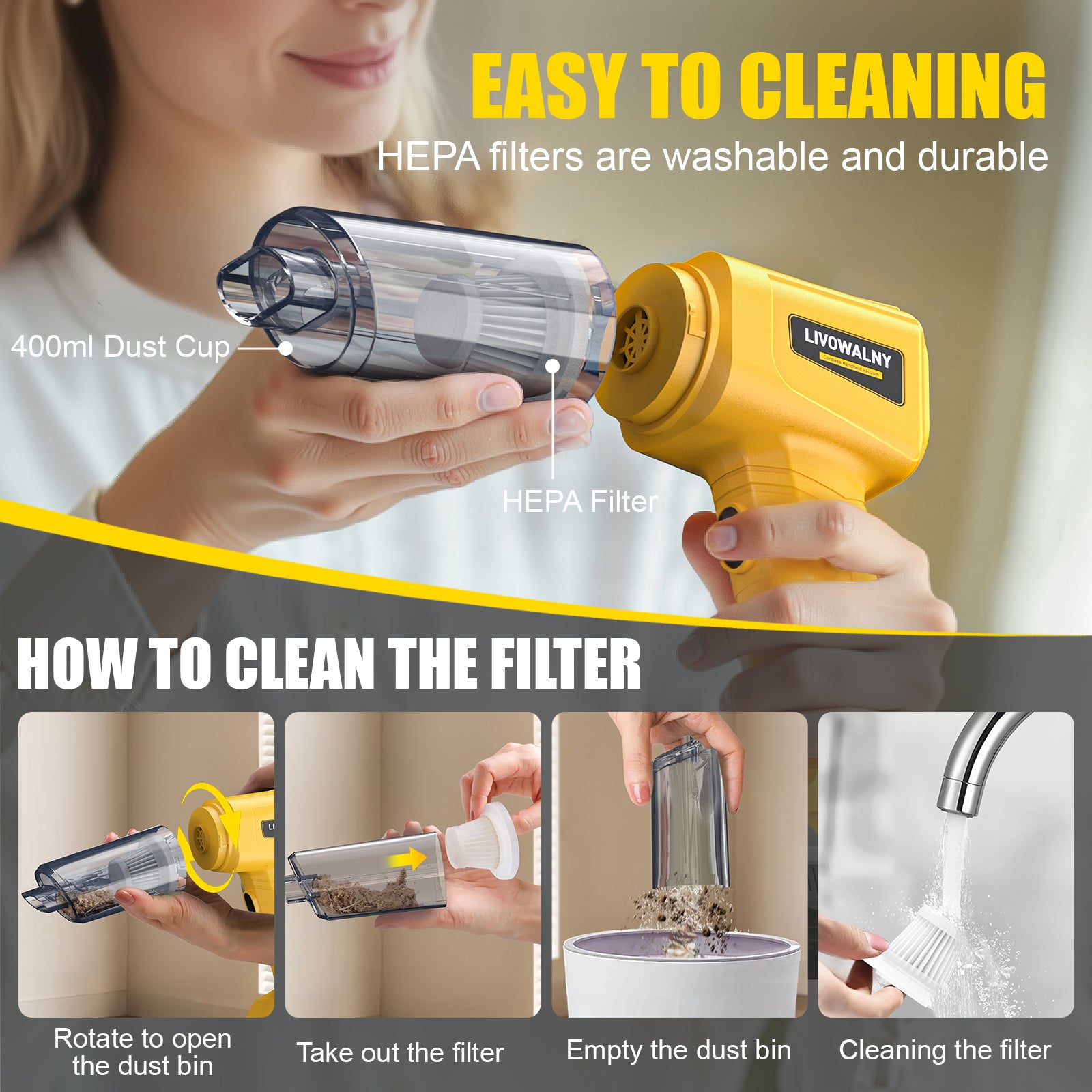 LIVOWALNY 150W/18Kpa Cordless Mini Handheld Vacuum Cleaner for DeWALT 20v Battery 4 in 1 Car Vacuum Cleaner