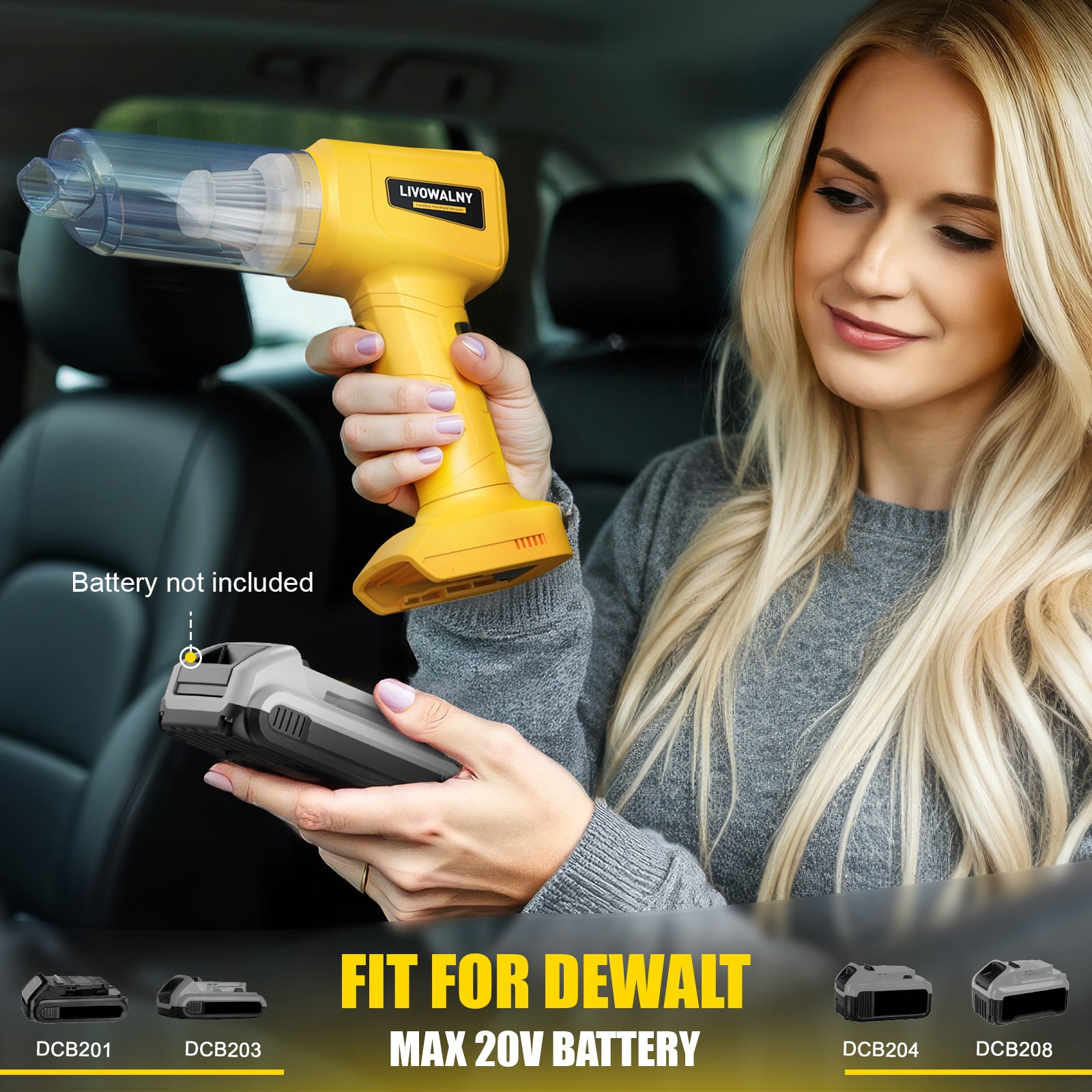 LIVOWALNY 150W/18Kpa Cordless Mini Handheld Vacuum Cleaner for DeWALT 20v Battery 4 in 1 Car Vacuum Cleaner