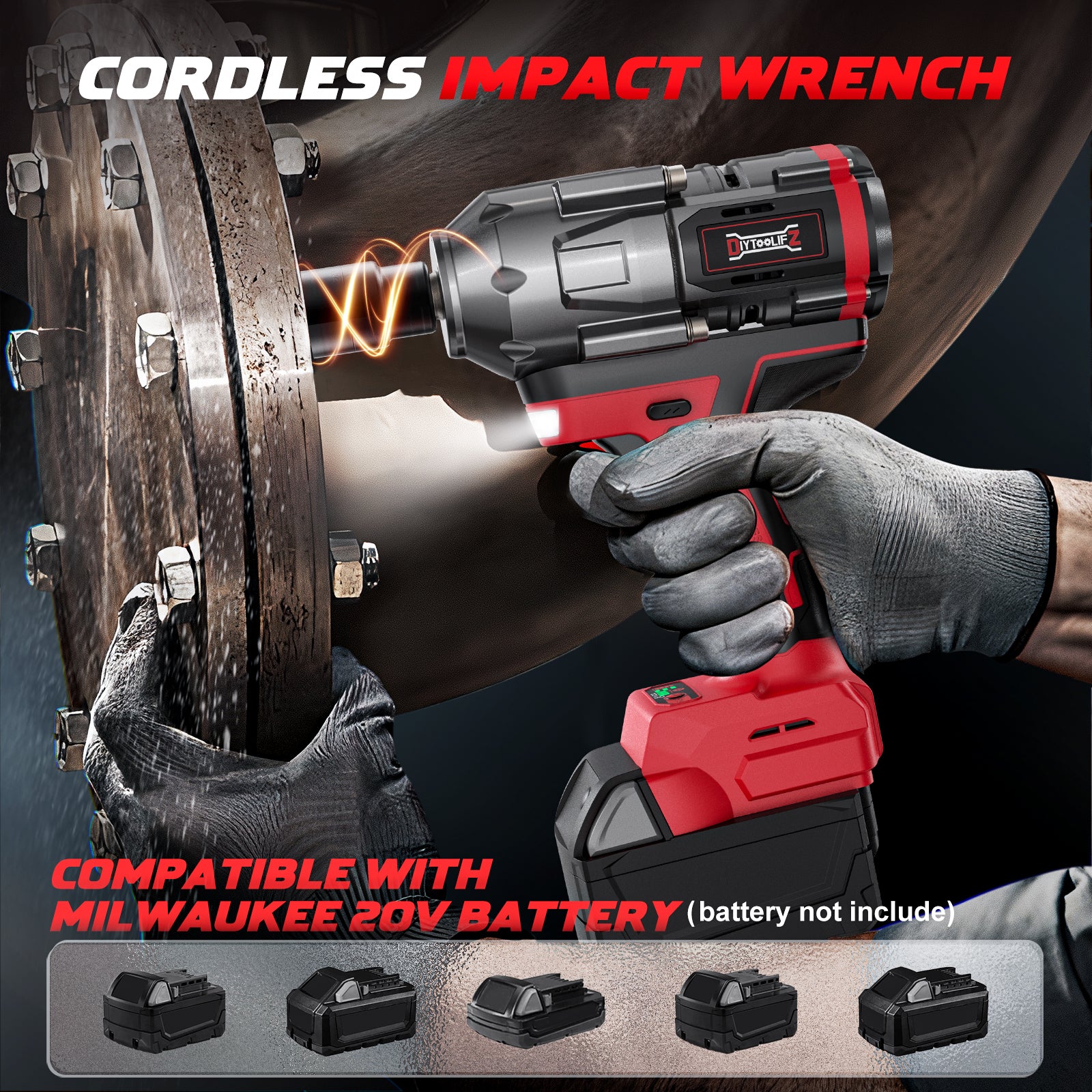 DIYTOOLIFZ Cordless Impact Wrench 1/2 inch for Milwaukee 18V Battery, 900Ft-lbs(1200N.m) High Torque Brushless Electric Impact Wrench Gun