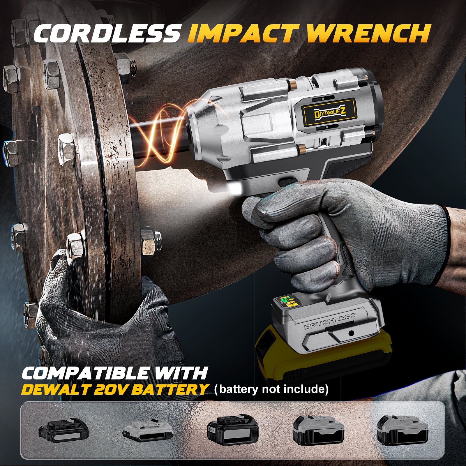 DIYTOOLIFZ Cordless Impact Wrench 1/2 inch for DeWalt 20v Battery, Impact Wrench 900Ft-lbs(1200N.m) High Torque Brushless Electric Impact Gun