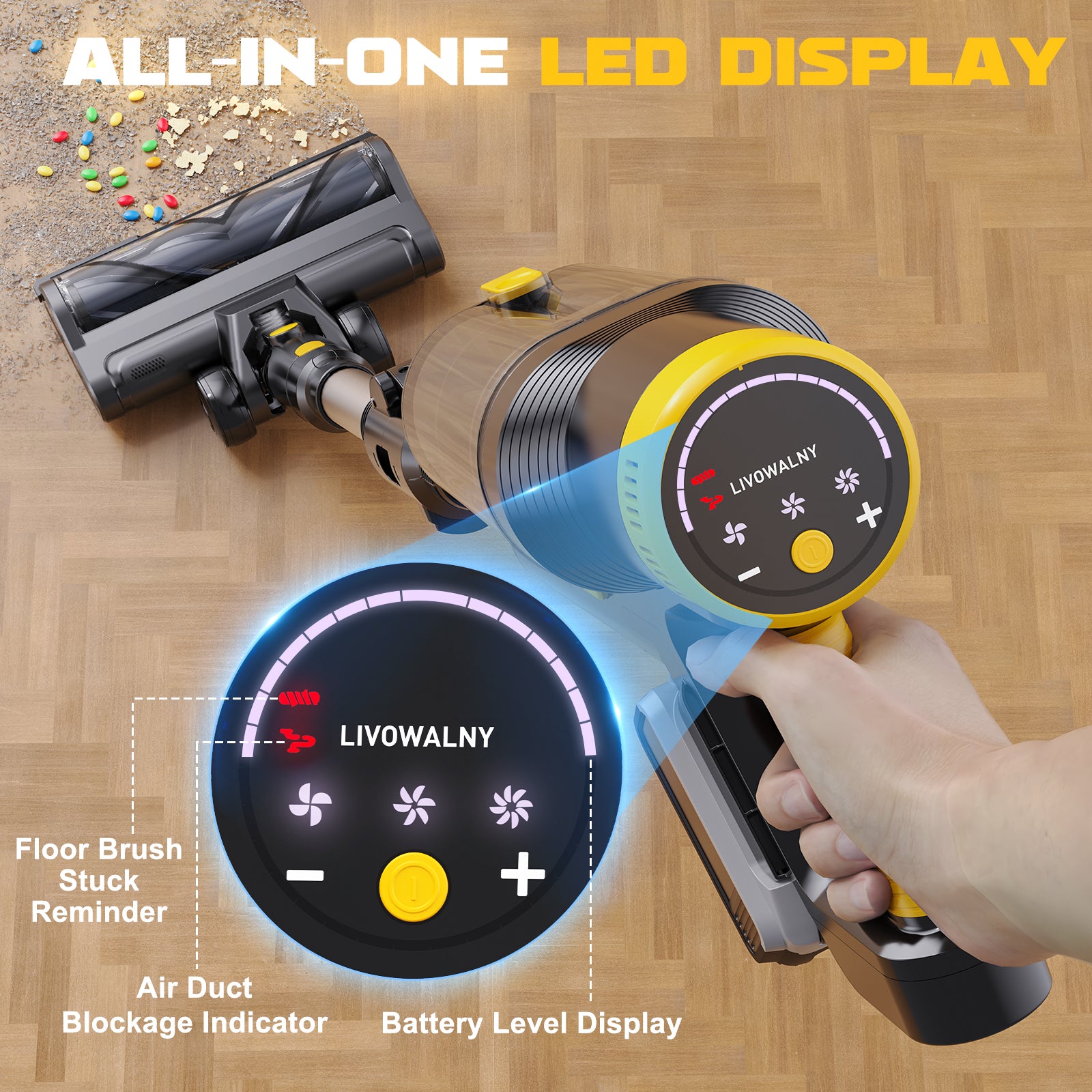 LIVOWALNY 350W Cordless Vacuum Cleaner for DeWALT 20v Battery, 40KPA Self-Standing Stick Vacuum with Double Dust Cup