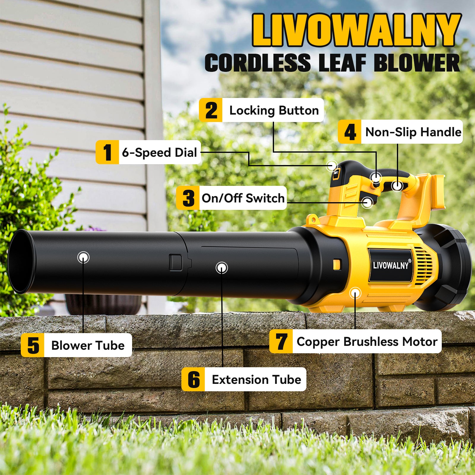 LIVOWALNY Leaf Blower Cordless, 20V Cordless Leaf Blower with 6 Speed Modes, Electric Leaf Blower for Lawn Care