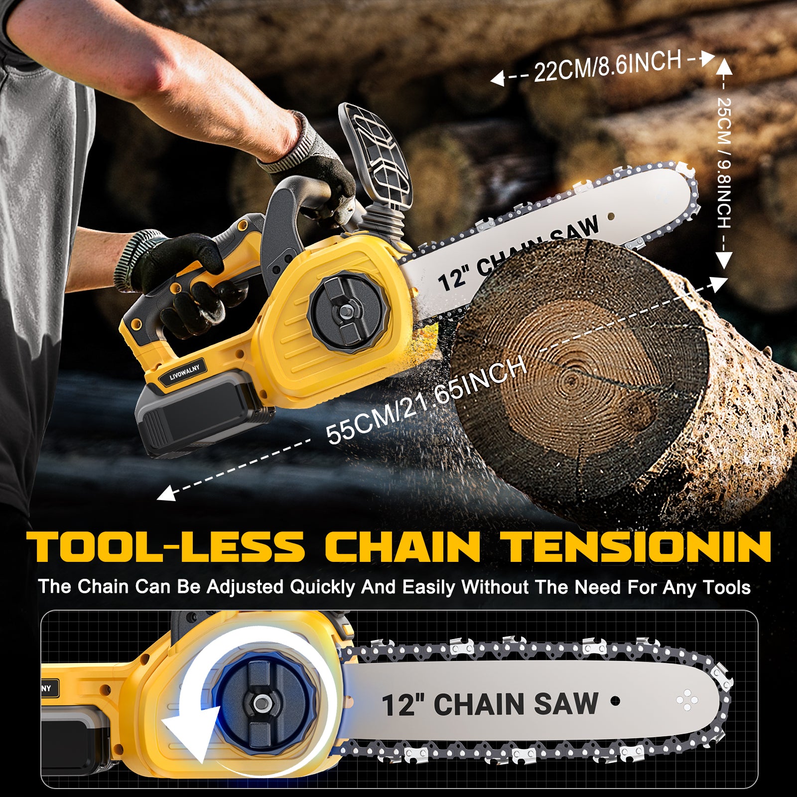 LIVOWALNY Cordless Chainsaw for Dewalt 20v Battery,12" Chain Saw Oil Lubrication System with Security Lock