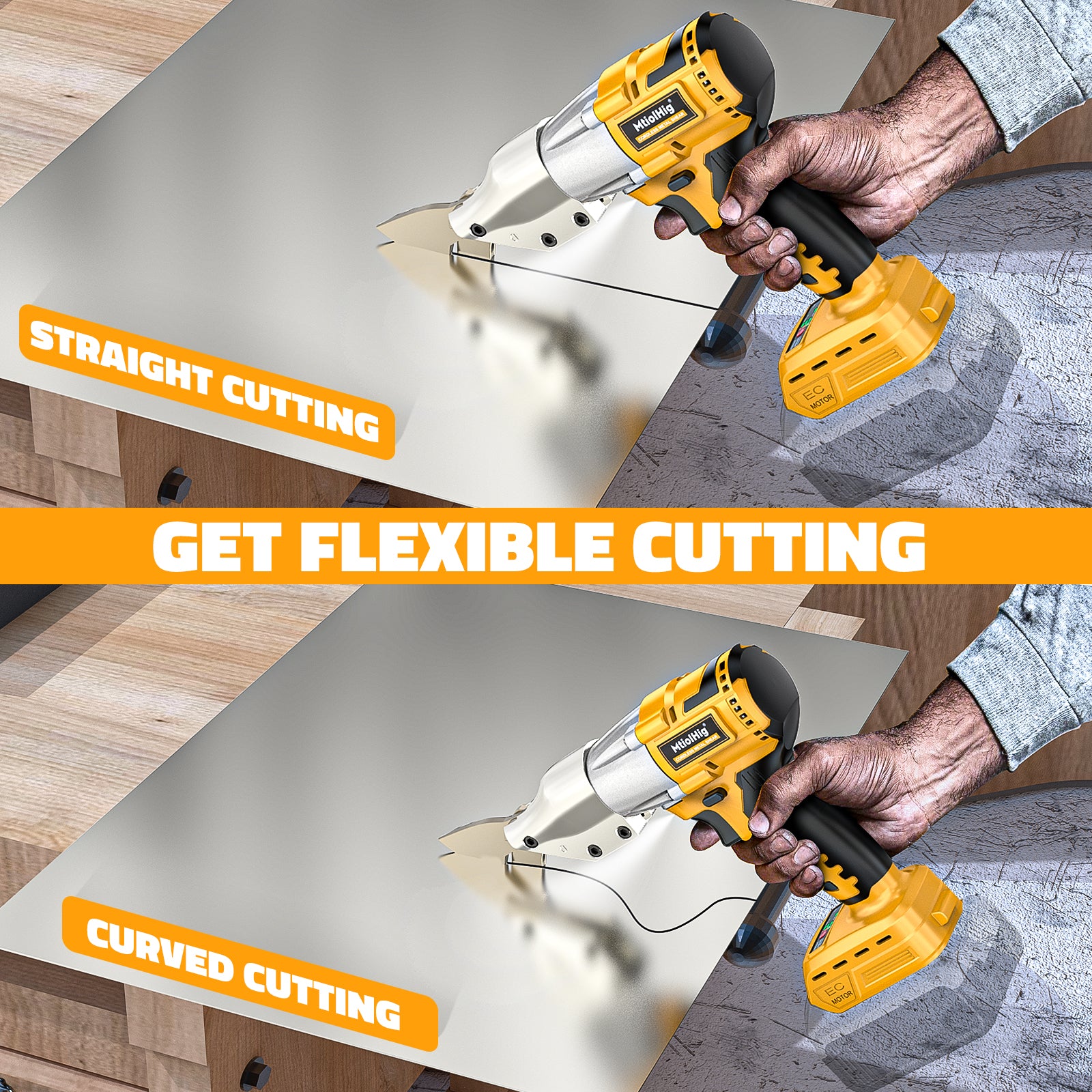 Cordless Sheet Metal Cutter: 221 Ft-Lbs Torque, 360 Pivoting Head, Cuts 18GA Material, Compatible with Dewalt 20V Battery