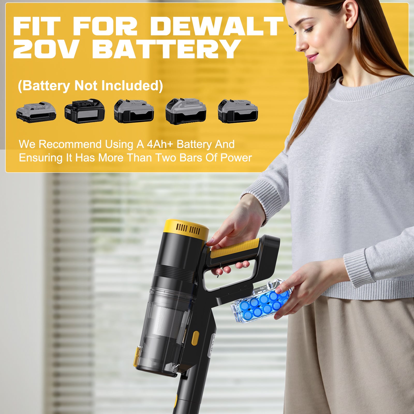 LIVOWALNY 350W Cordless Vacuum Cleaner for DeWALT 20v Battery, 40KPA Self-Standing Stick Vacuum with Double Dust Cup