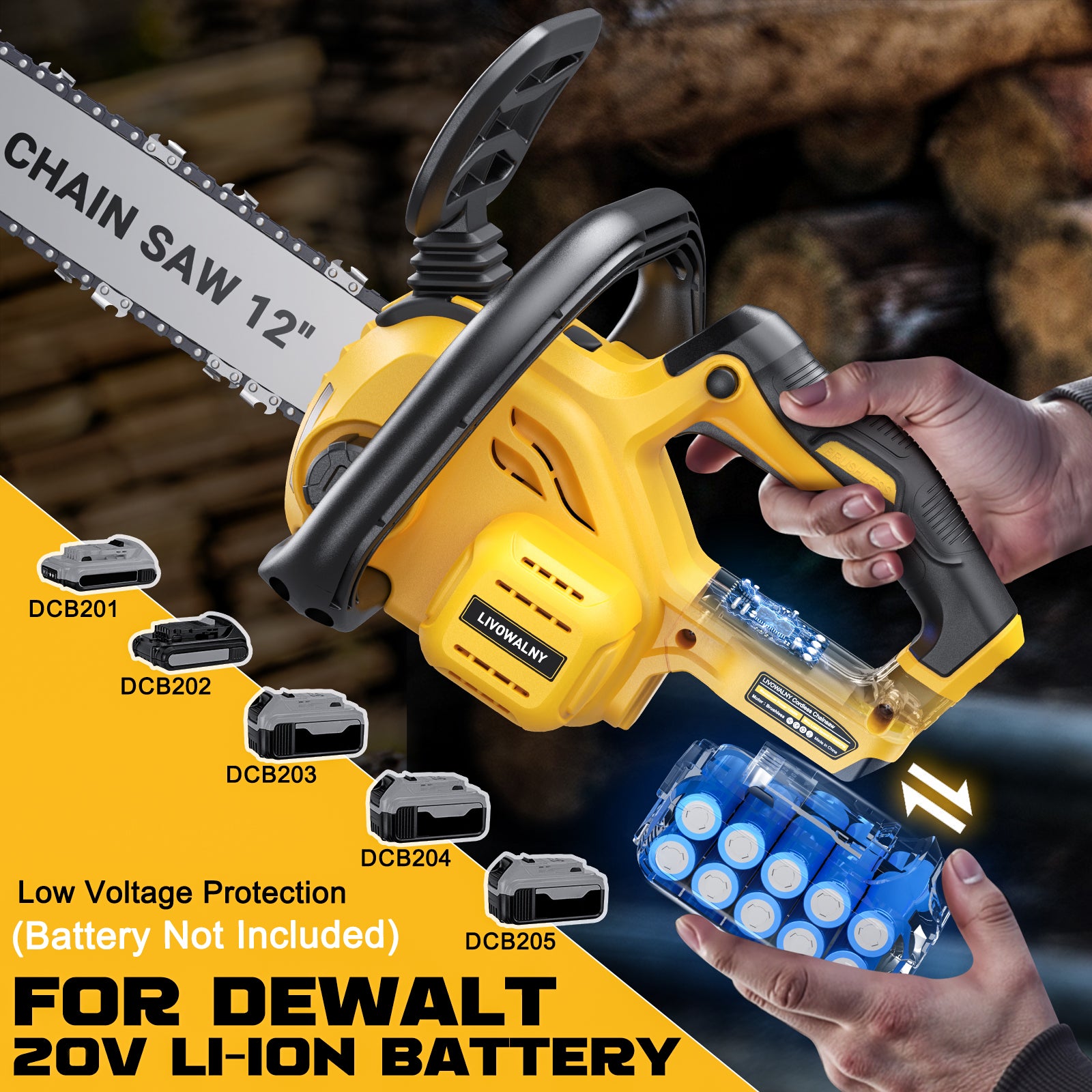 LIVOWALNY Cordless Chainsaw for Dewalt 20v Battery,12" Chain Saw Oil Lubrication System with Security Lock