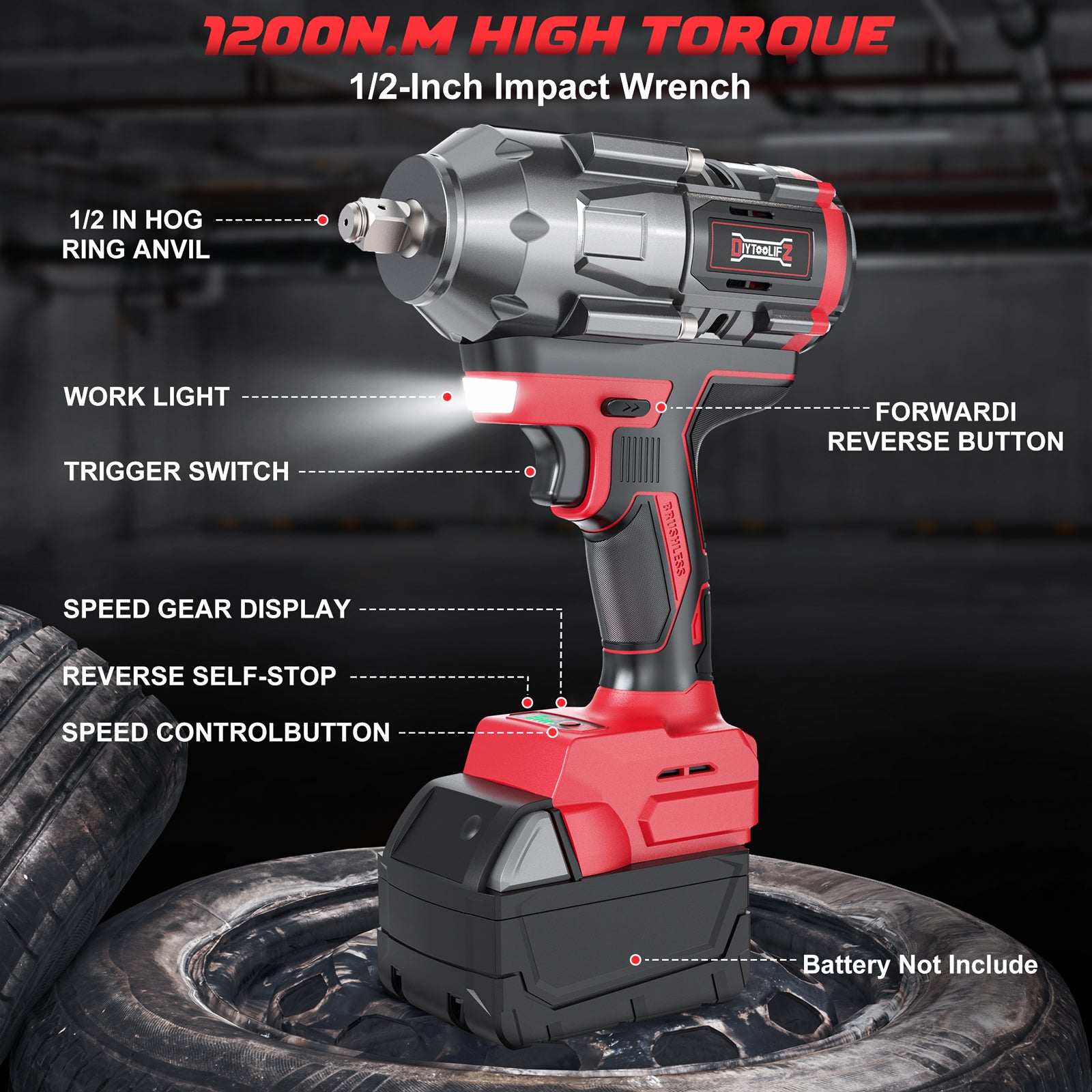 DIYTOOLIFZ Cordless Impact Wrench 1/2 inch for Milwaukee 18V Battery, 900Ft-lbs(1200N.m) High Torque Brushless Electric Impact Wrench Gun