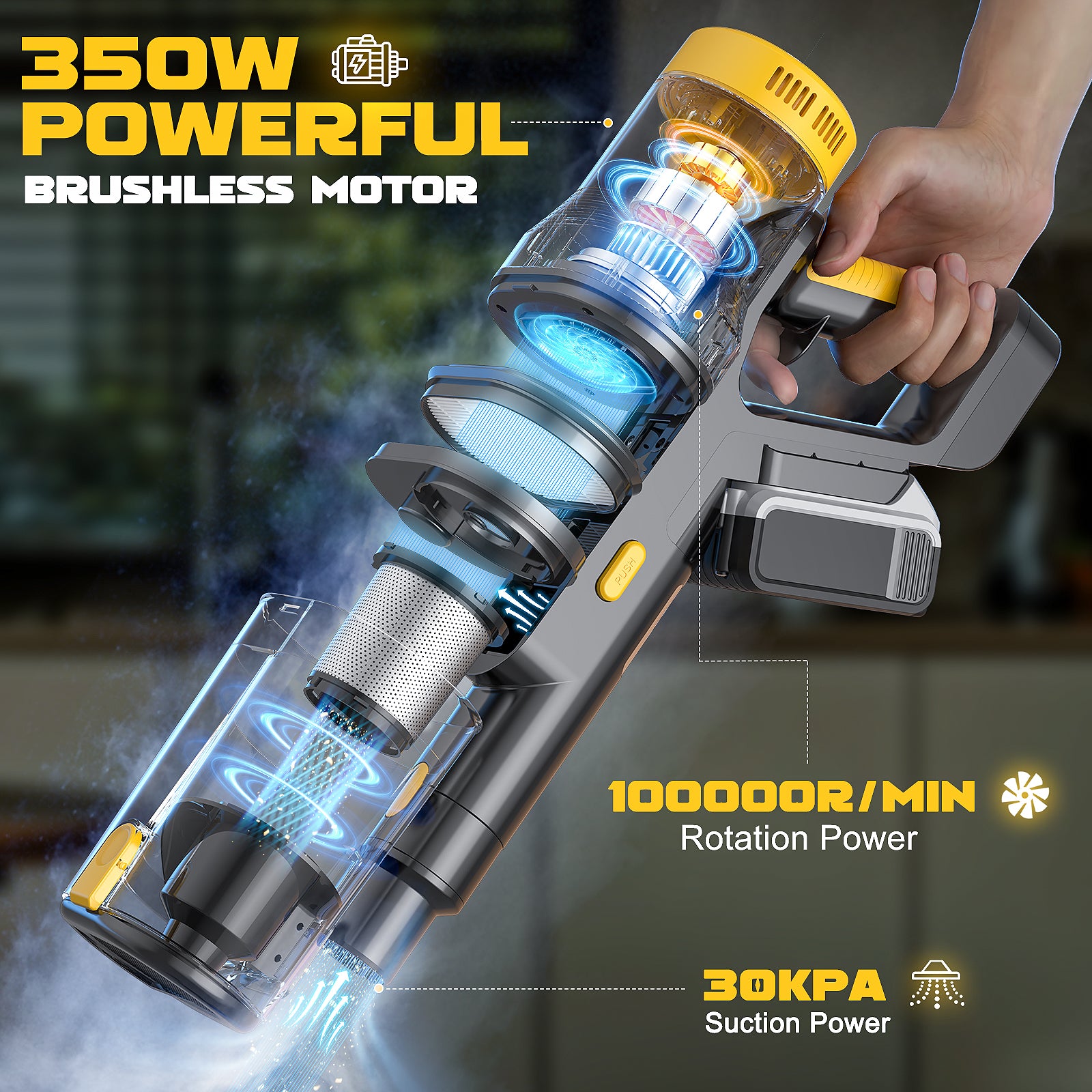 LIVOWALNY 350W Cordless Vacuum Cleaner for DeWALT 20v Battery, 40KPA Self-Standing Stick Vacuum with Double Dust Cup