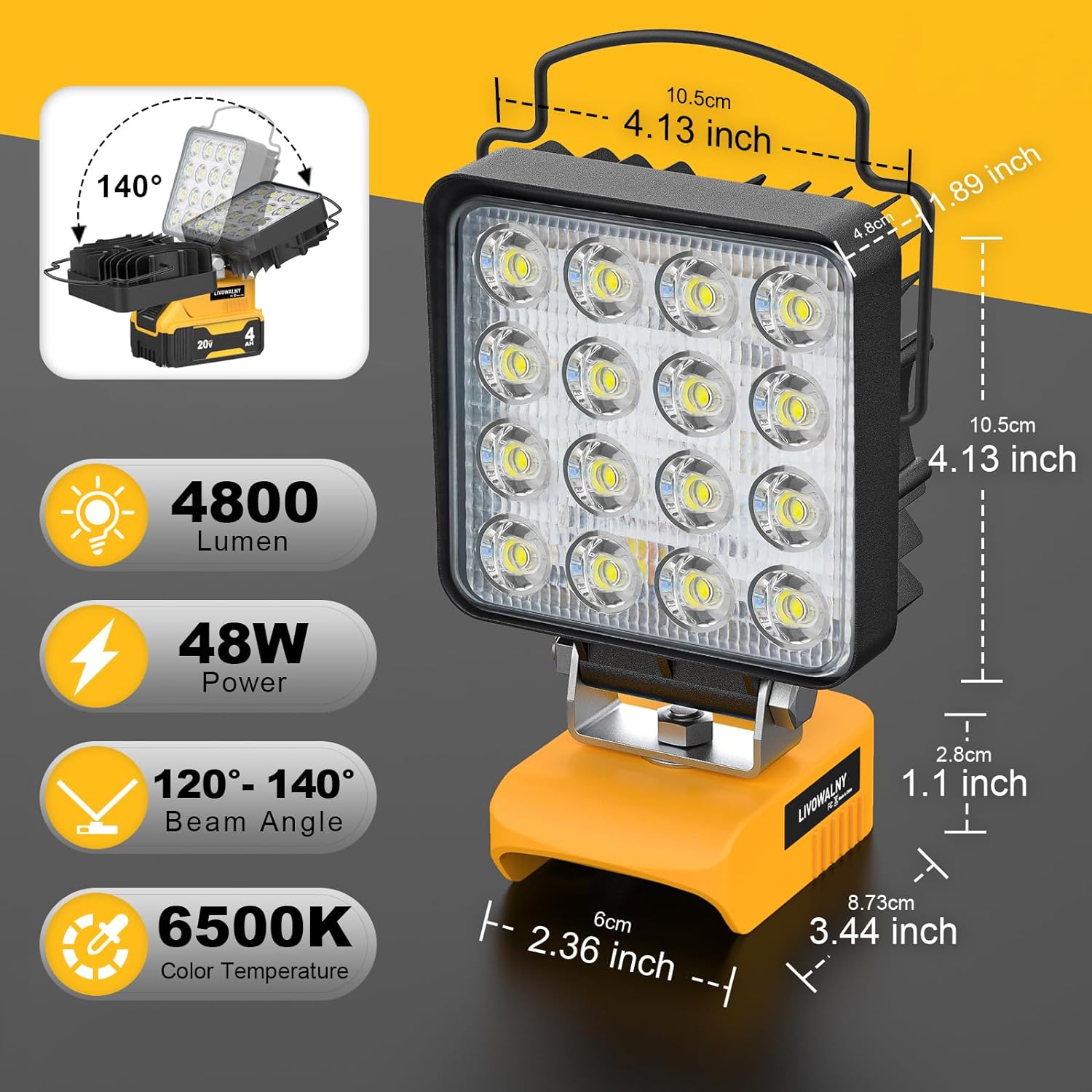 LED Work Light 48W for Dewalt 20V Battery Livowalny